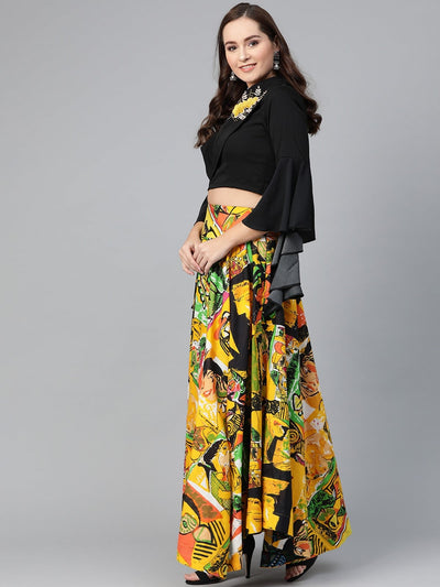 Embroidered Crop Top With Picasso Printed Skirt