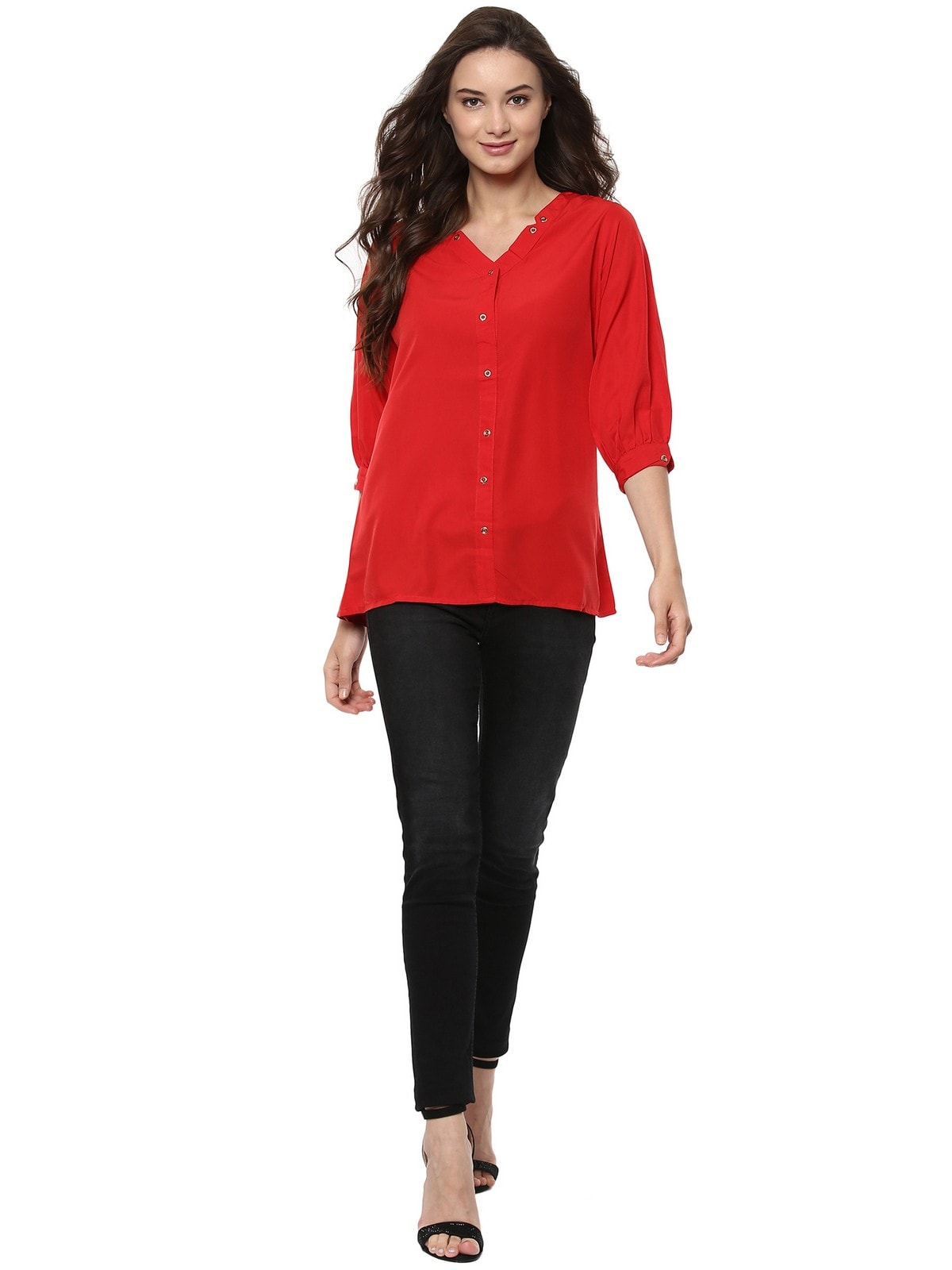 Red Shirt Top With Detailed Notch Designs