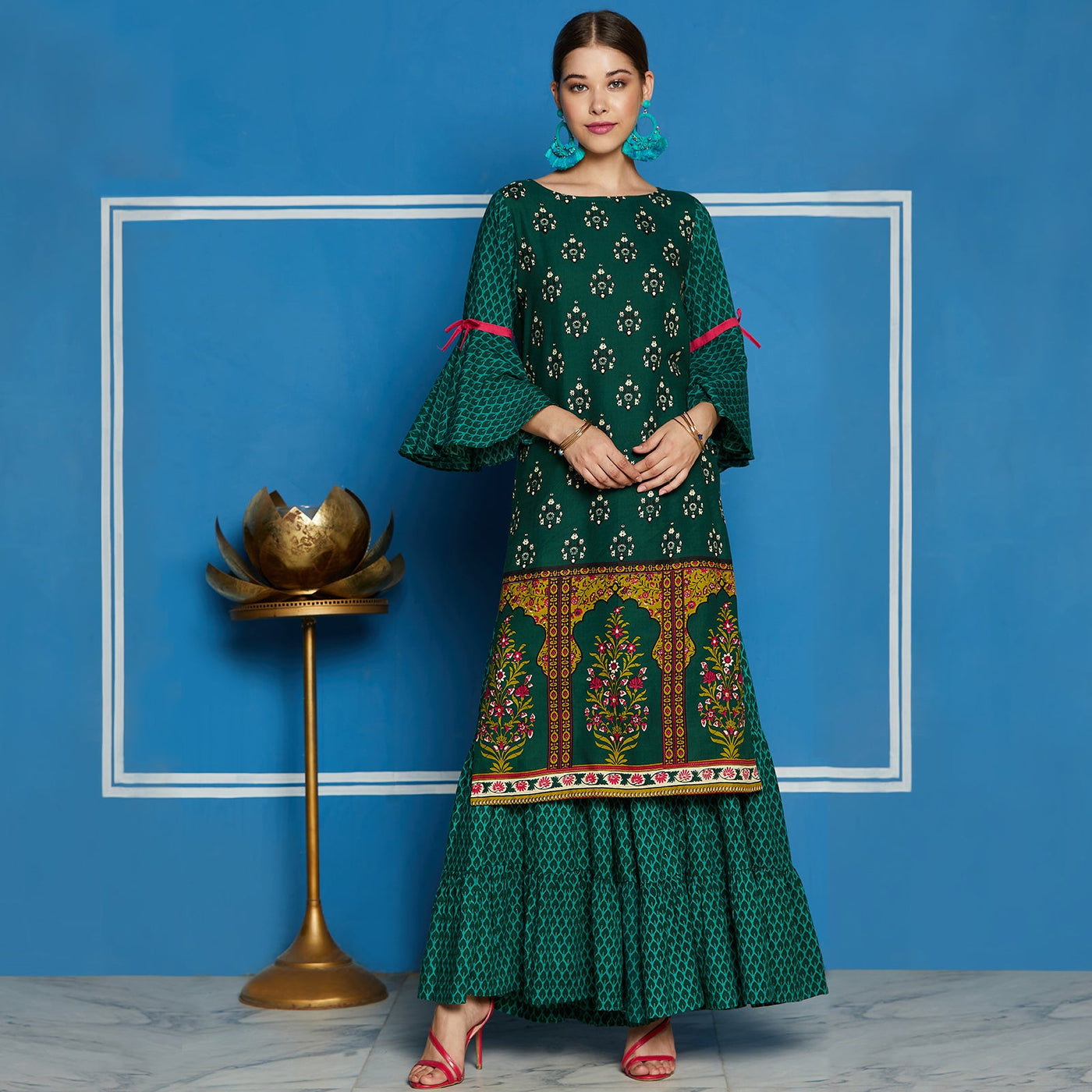 Green Mughal Printed Kurta With Sharara Pants