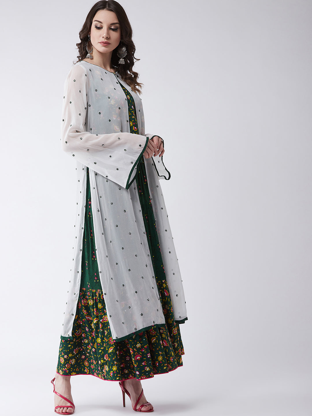 Green Mughal Printed Top  With Skirt And Embroidered Shrug