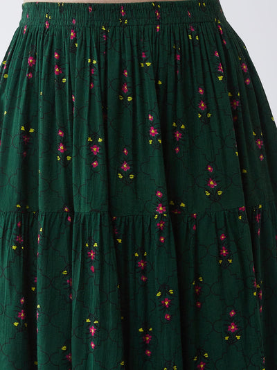 Green Mughal Printed Top  With Skirt And Embroidered Shrug