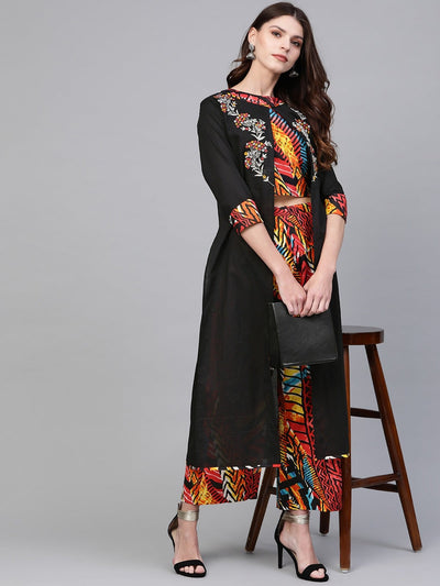 Embroidered Shrug With Printed Top And Pants