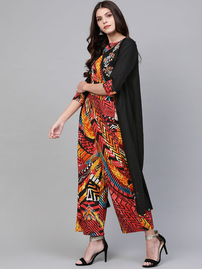 Embroidered Shrug With Printed Top And Pants