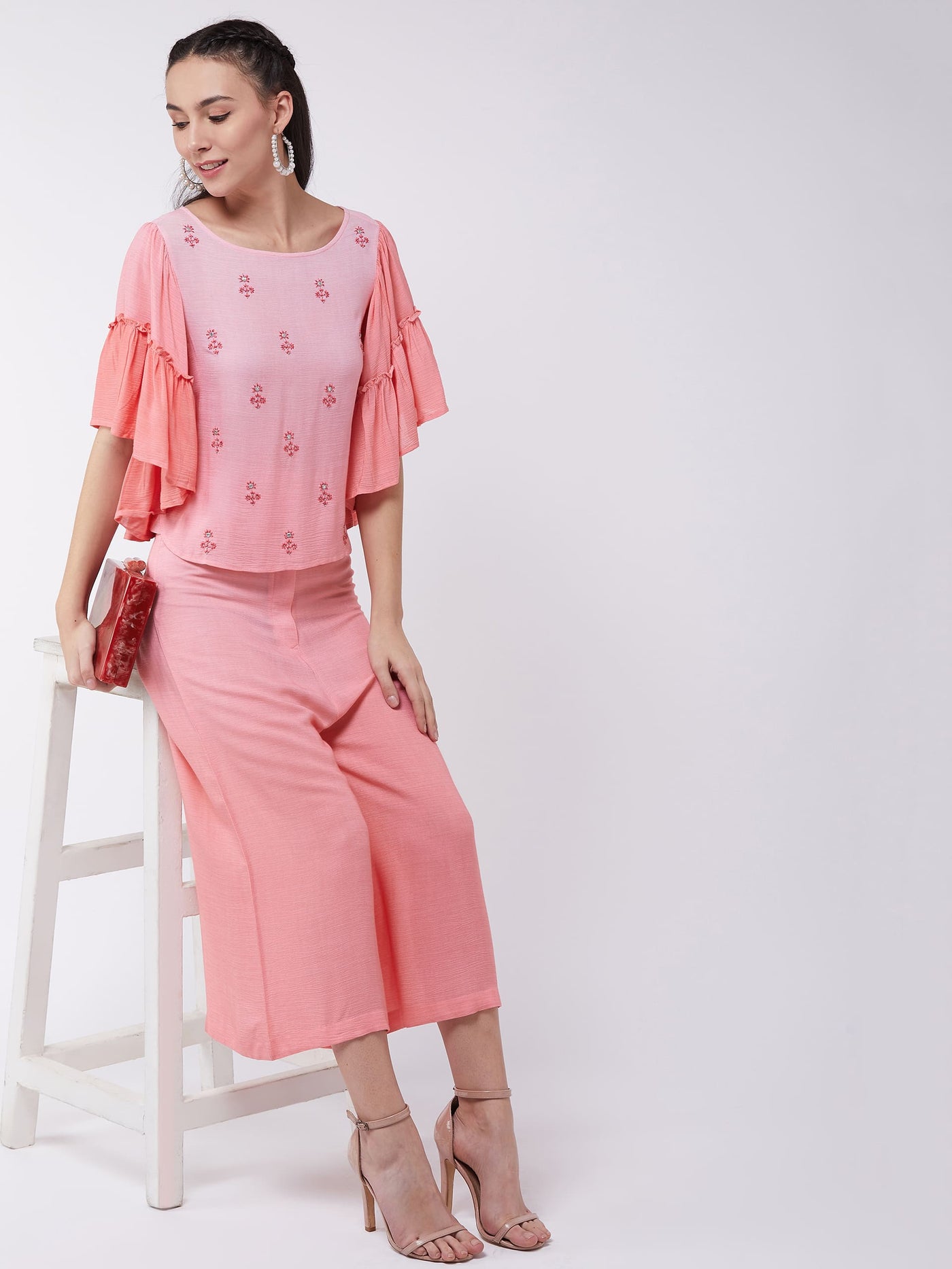 Ombre Embroidered Top With Pants Set