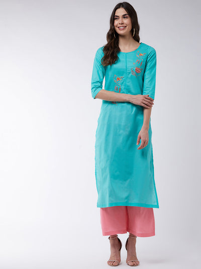 Blue Embroidered Kurta With Contrasting Pants