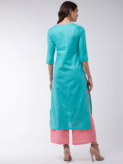 Blue Embroidered Kurta With Contrasting Pants