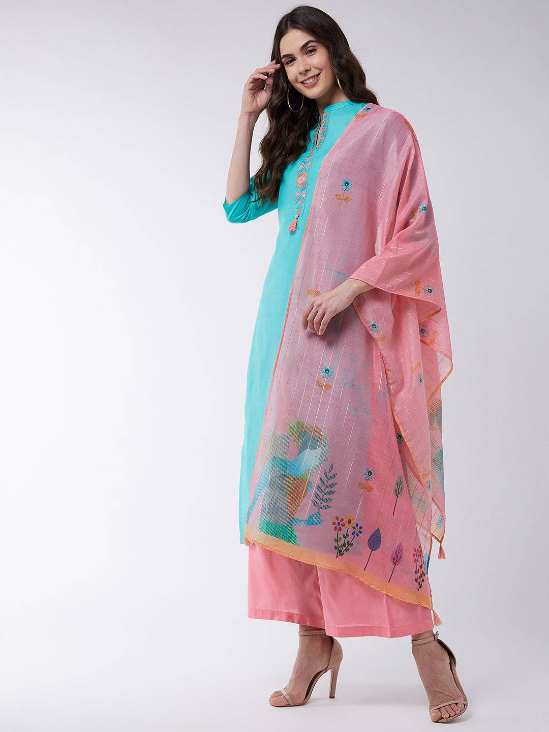 Blue Embroidered Kurta With Pants And Pink Digital Printed Dupatta