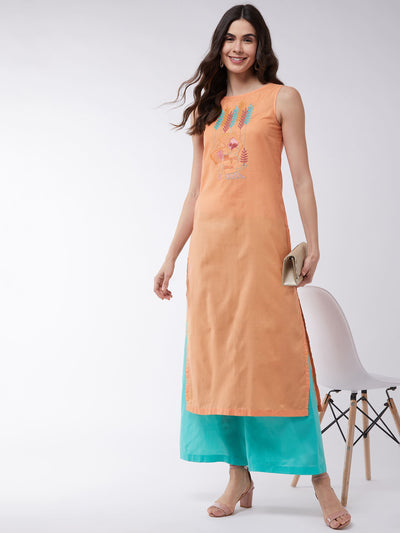 Orange Embroidered Sleeveless Kurta With Pants