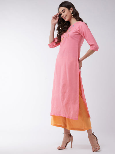 Pink Embroidered Quarter Sleeves Kurta With Pants