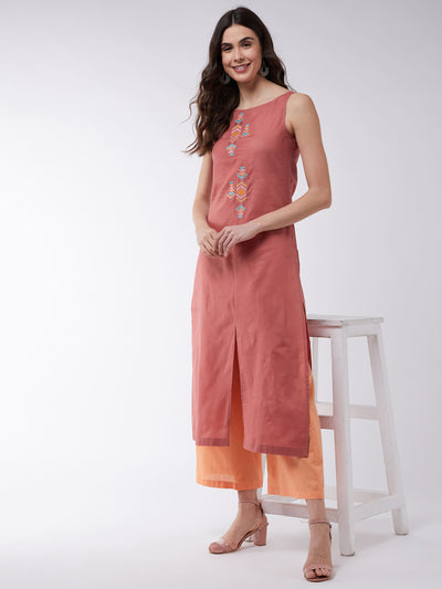 Dusty Pink Embroidered Sleeveless Kurta With Pants