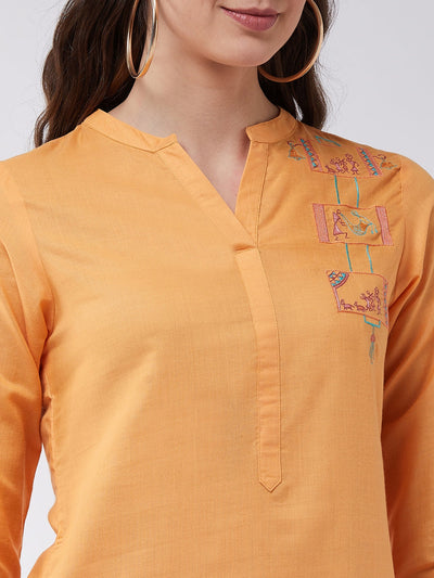 Orange Embroidered Quarter Sleeves Kurta With Pants