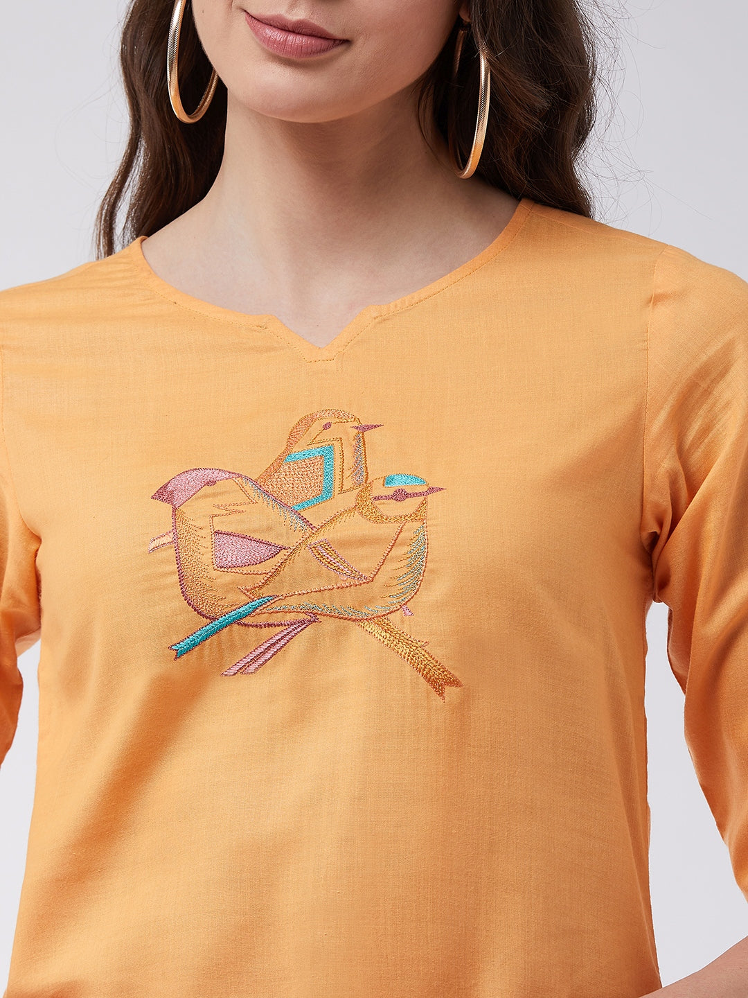 Light Orange Embroidered Quarter Sleeves Kurta With Pants And Digital Printed Dupatta