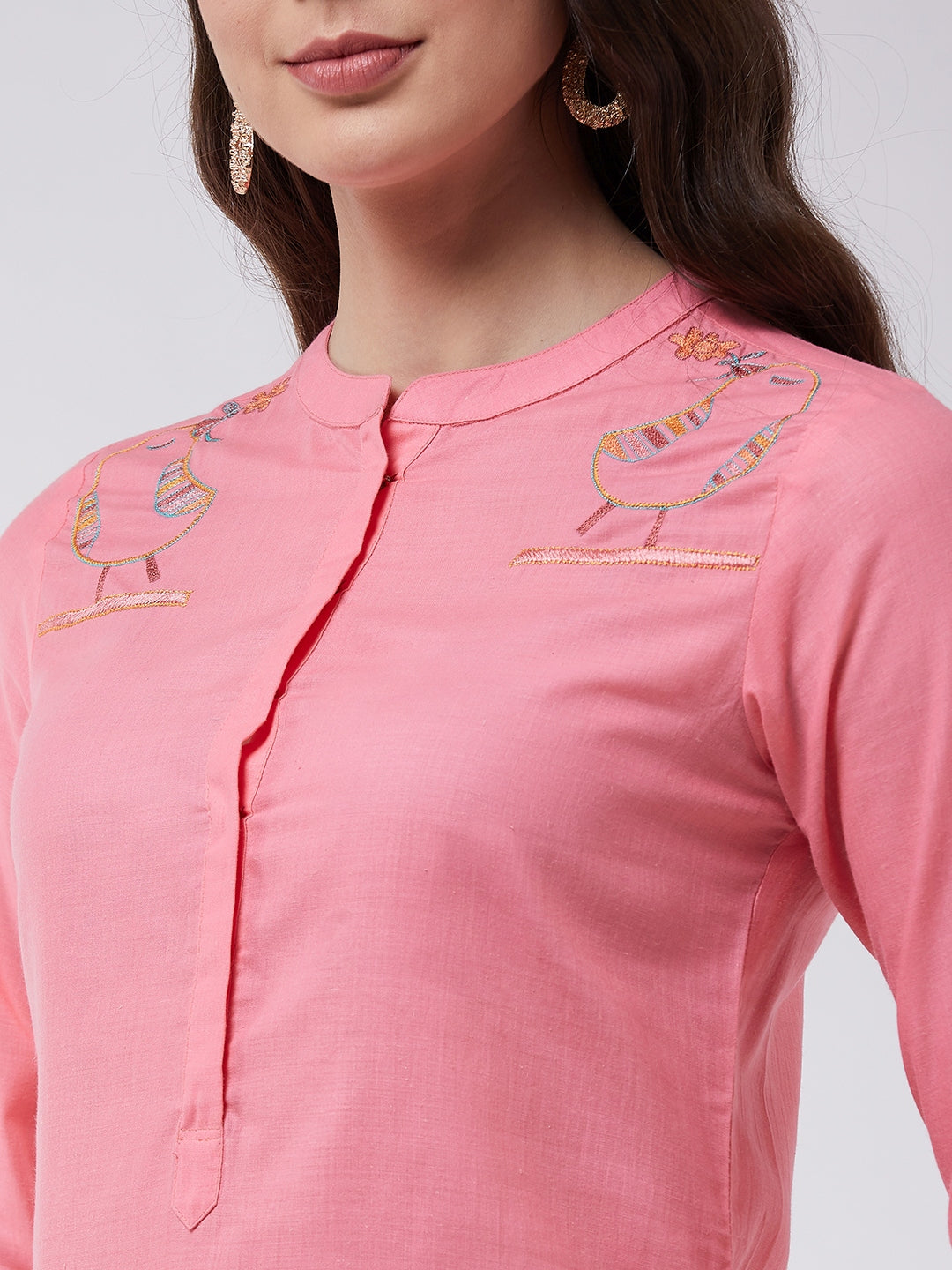 Pink Embroidered Kurta With Pants And Digital Printed Dupatta