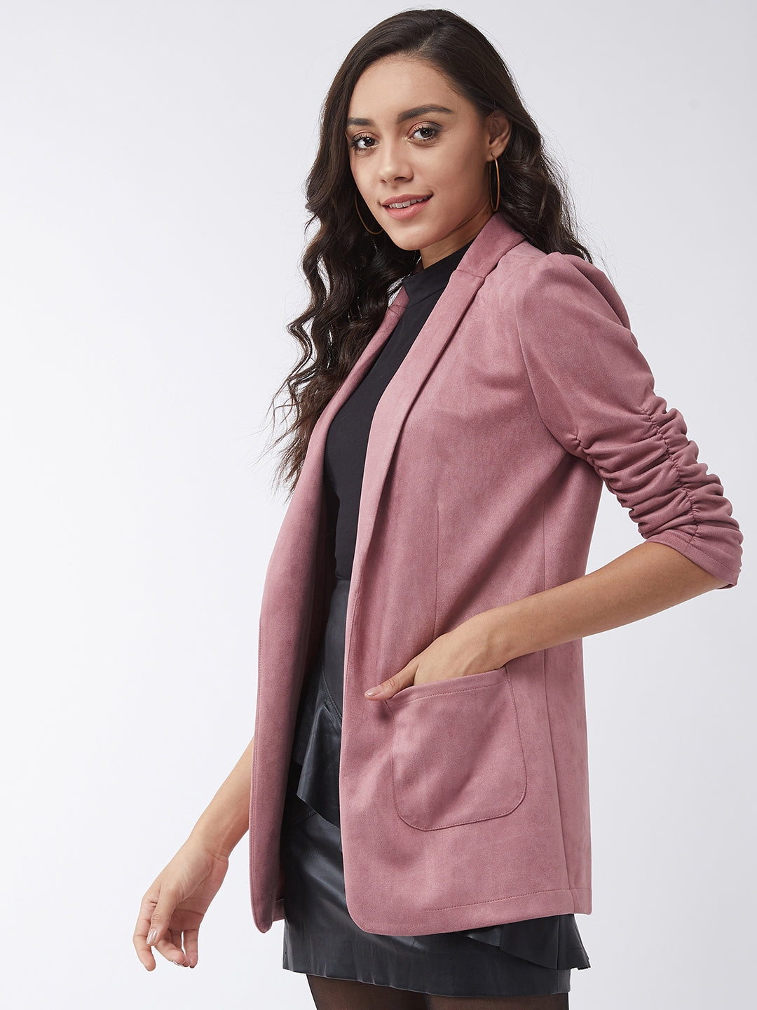 Solid Long Blazer With Ruched Sleeves