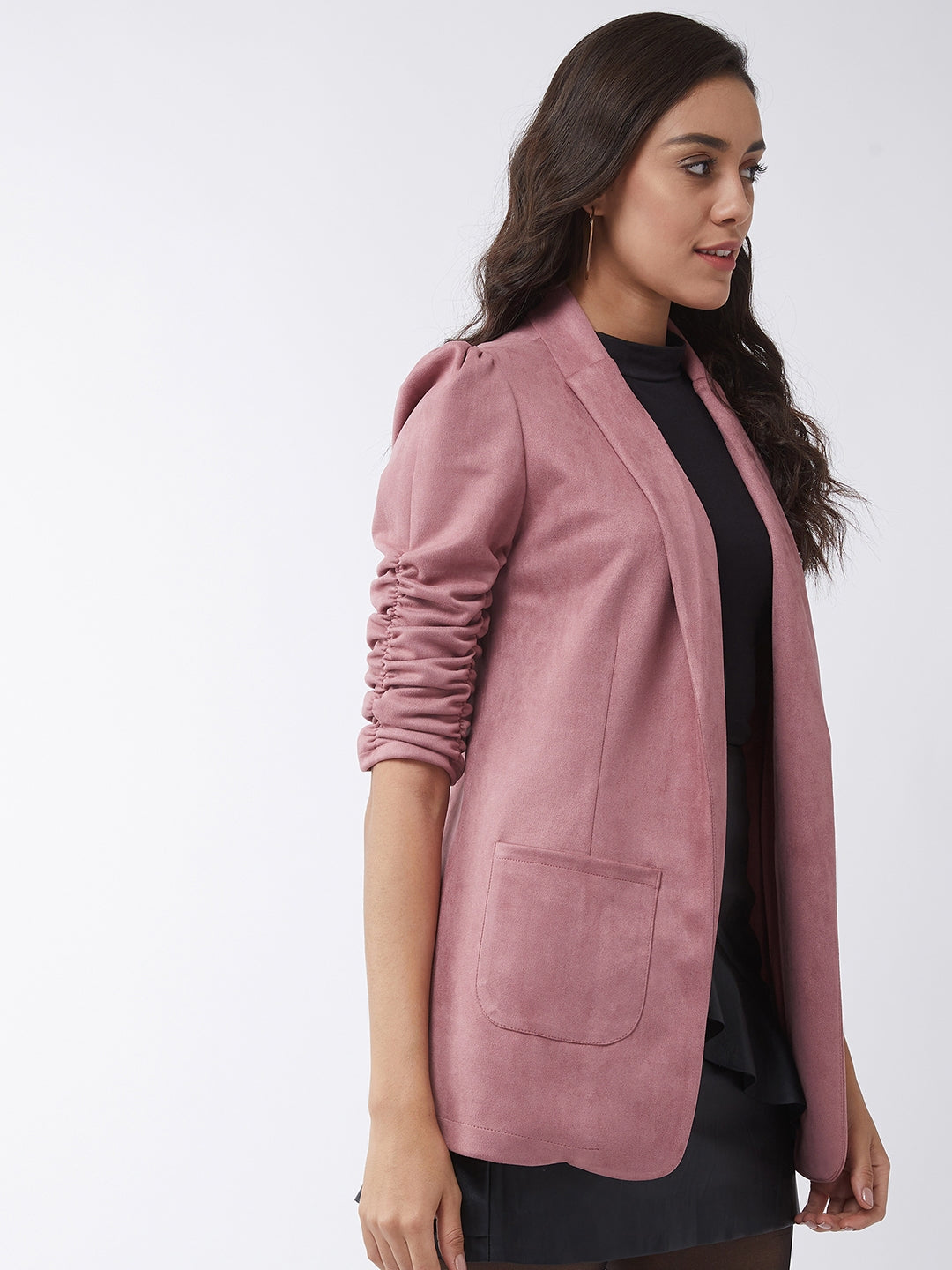 Solid Long Blazer With Ruched Sleeves