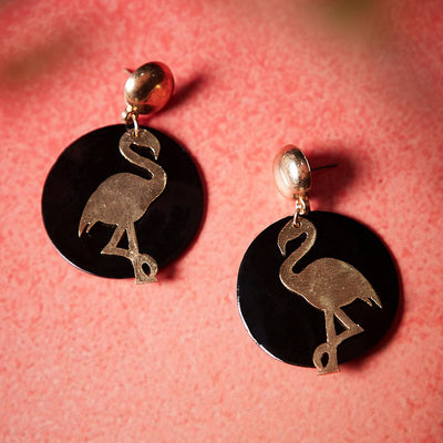 Black Shell Rose Gold Toned Flamingo Earring