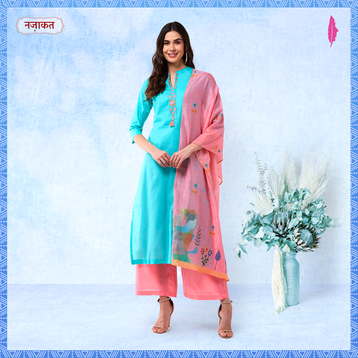 Blue Embroidered Kurta With Pants And Pink Digital Printed Dupatta
