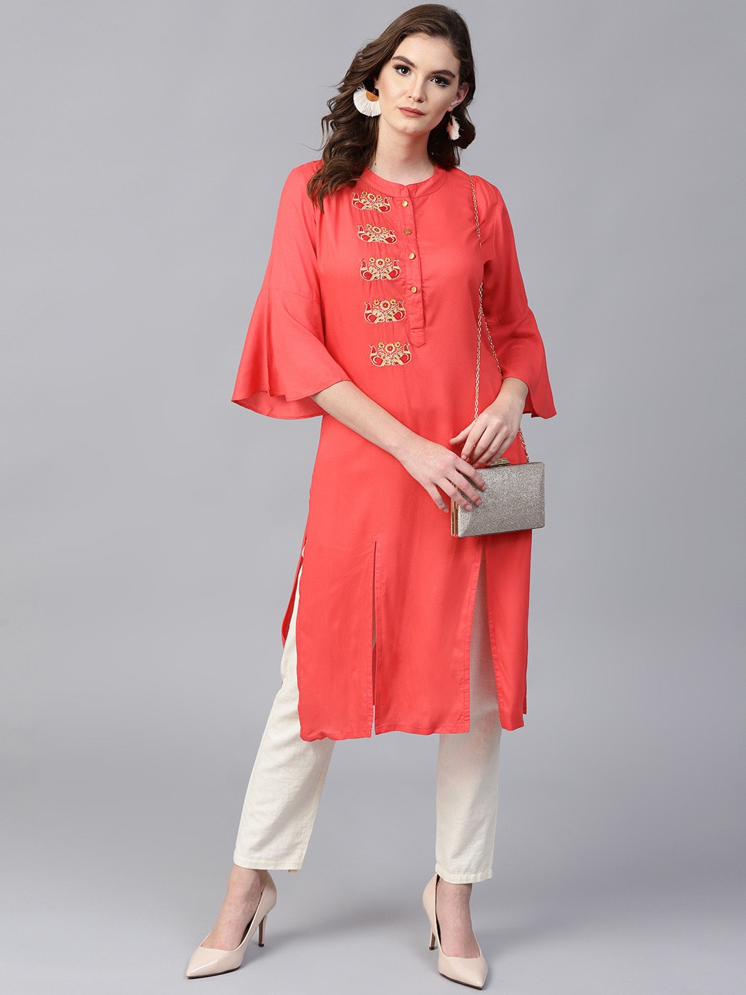 Red Embroidered Bell Sleeves Straight Kurta