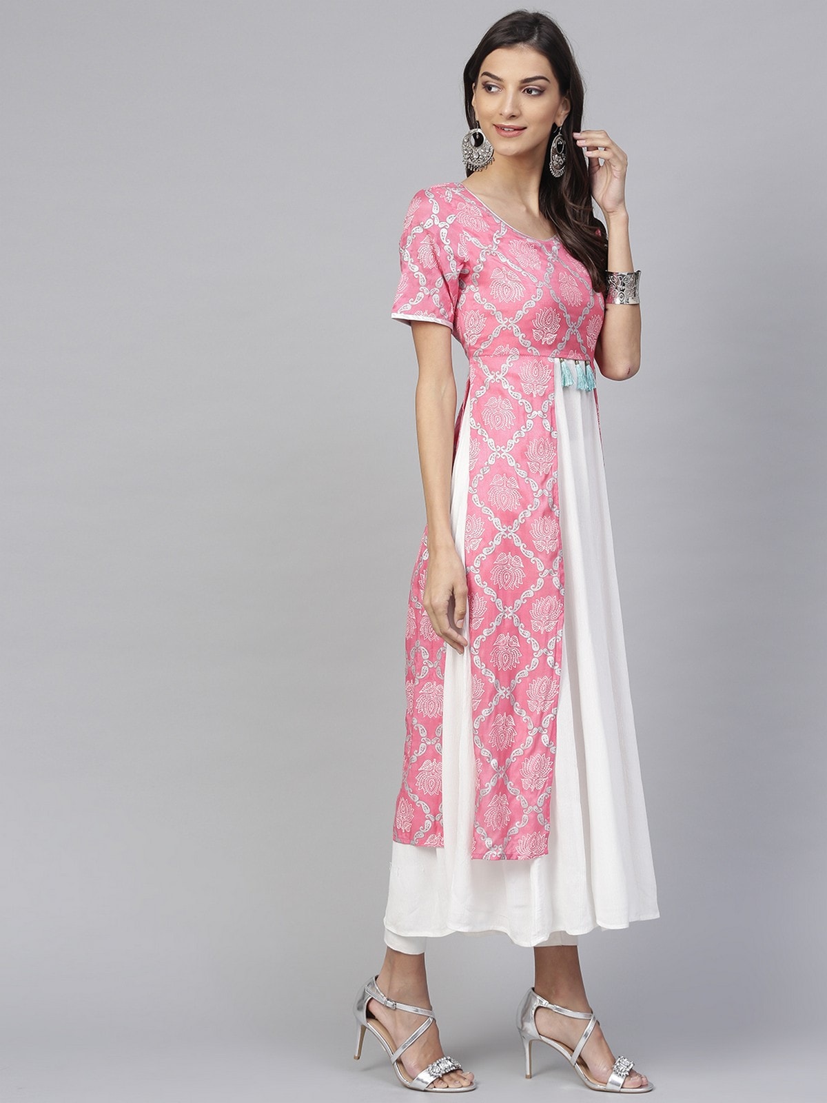 Pink Lotus Inspired Front Open Printed Kurta With Tassels