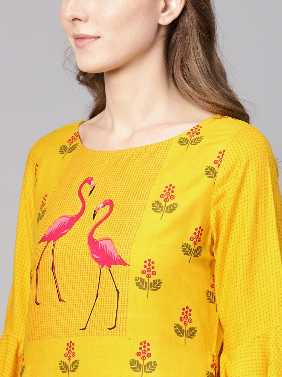 Yellow Bell Sleeves Layered Flamingo Printed Kurta