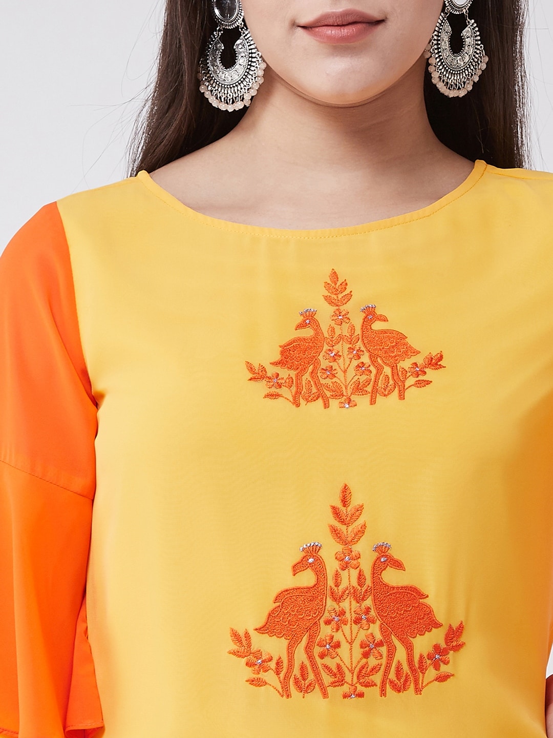 Yellow Embroidered Layered Kurta With Bell Sleeves And Front Slits