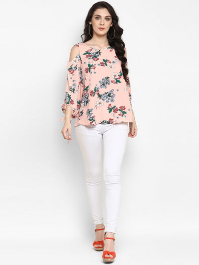 Peach Floral Cold Shoulder Top With Tie-up At Sleeves