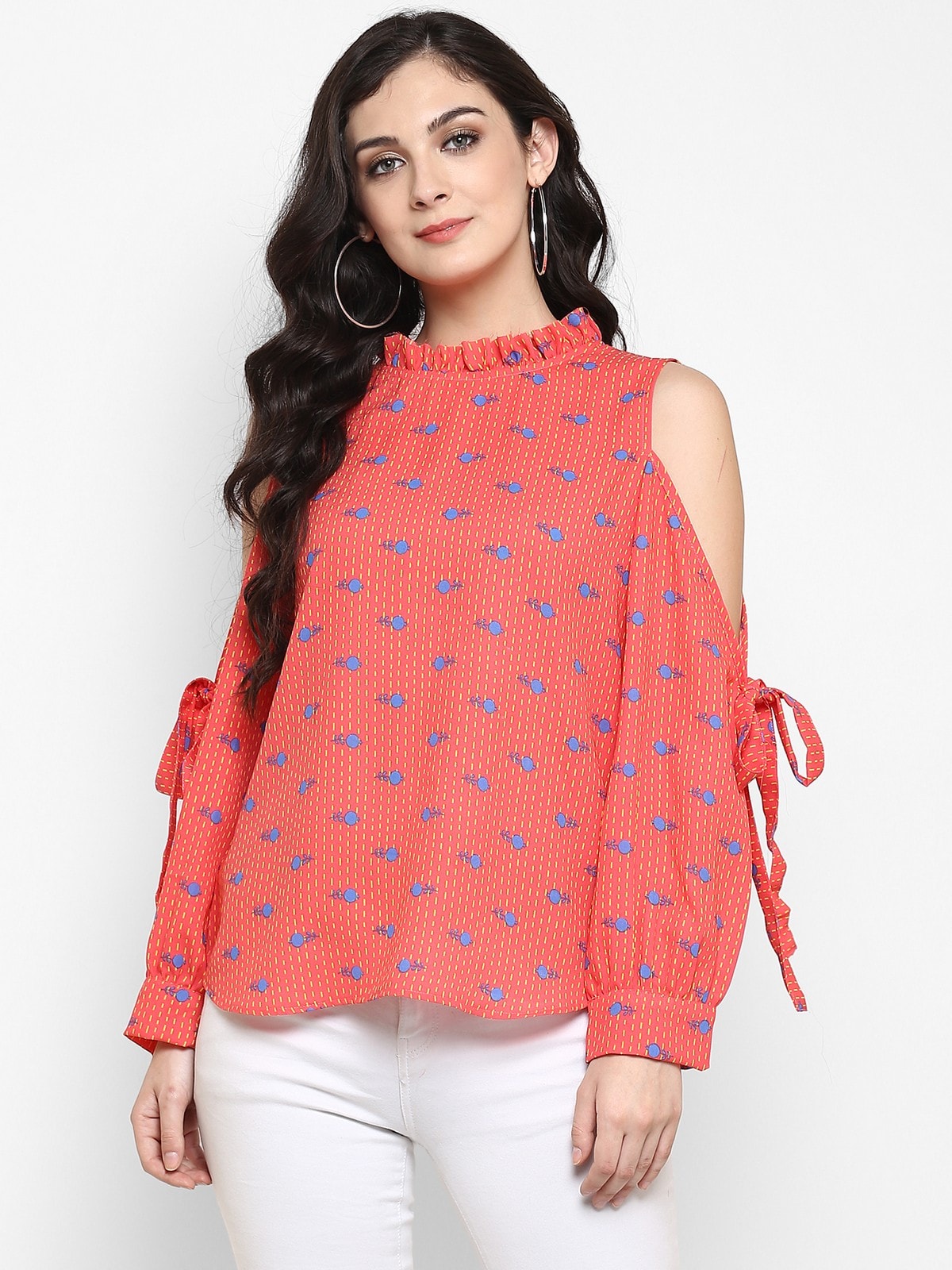 Printed Cold Shoulder Ruffle Top
