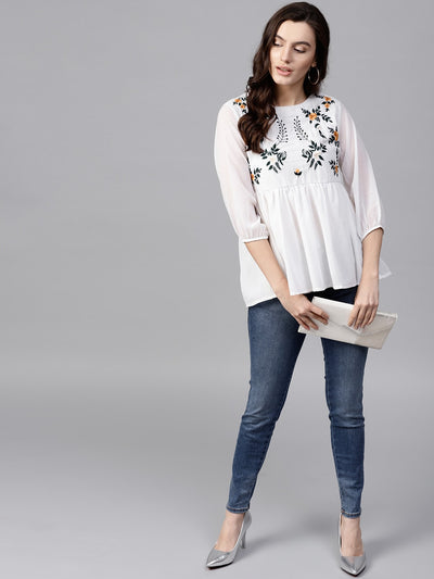 White Floral Embroidered Sheer Top
