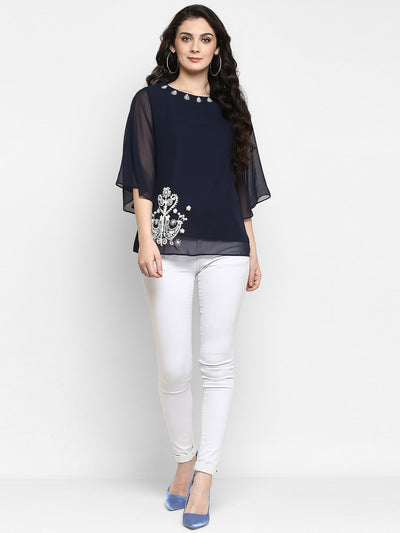 Navy Blue Embroidered Sheer Top