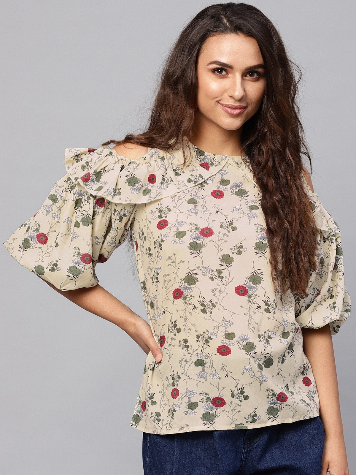 Floral Cold-Shoulder Top With Voluminous Sleeves