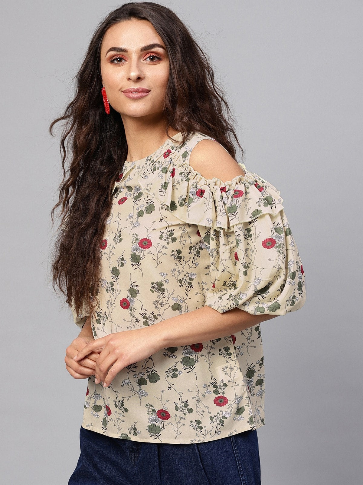 Floral Cold-Shoulder Top With Voluminous Sleeves
