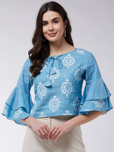 Block Printed Chambray Top With Bell Sleeves
