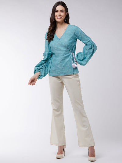 Angarkha Style Extended Puff Sleeve Chambray Top
