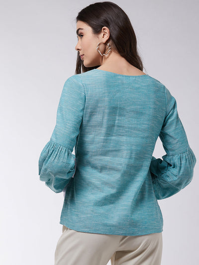 Angarkha Style Extended Puff Sleeve Chambray Top