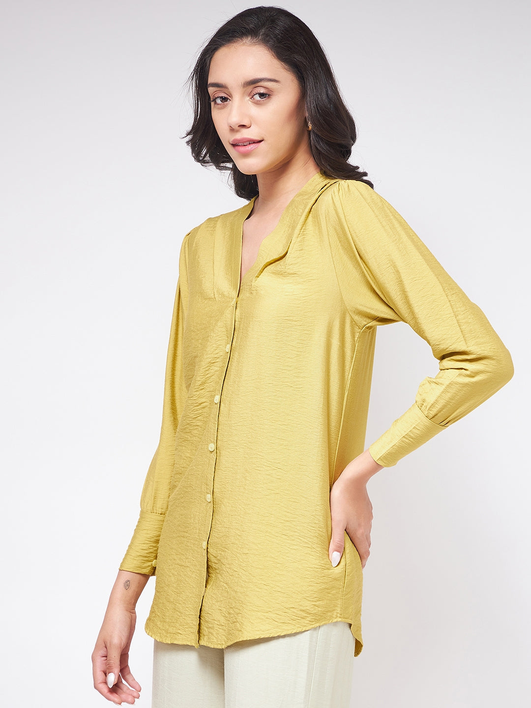 Flaunt Yourself In Solid Front Pleated Shirt Top