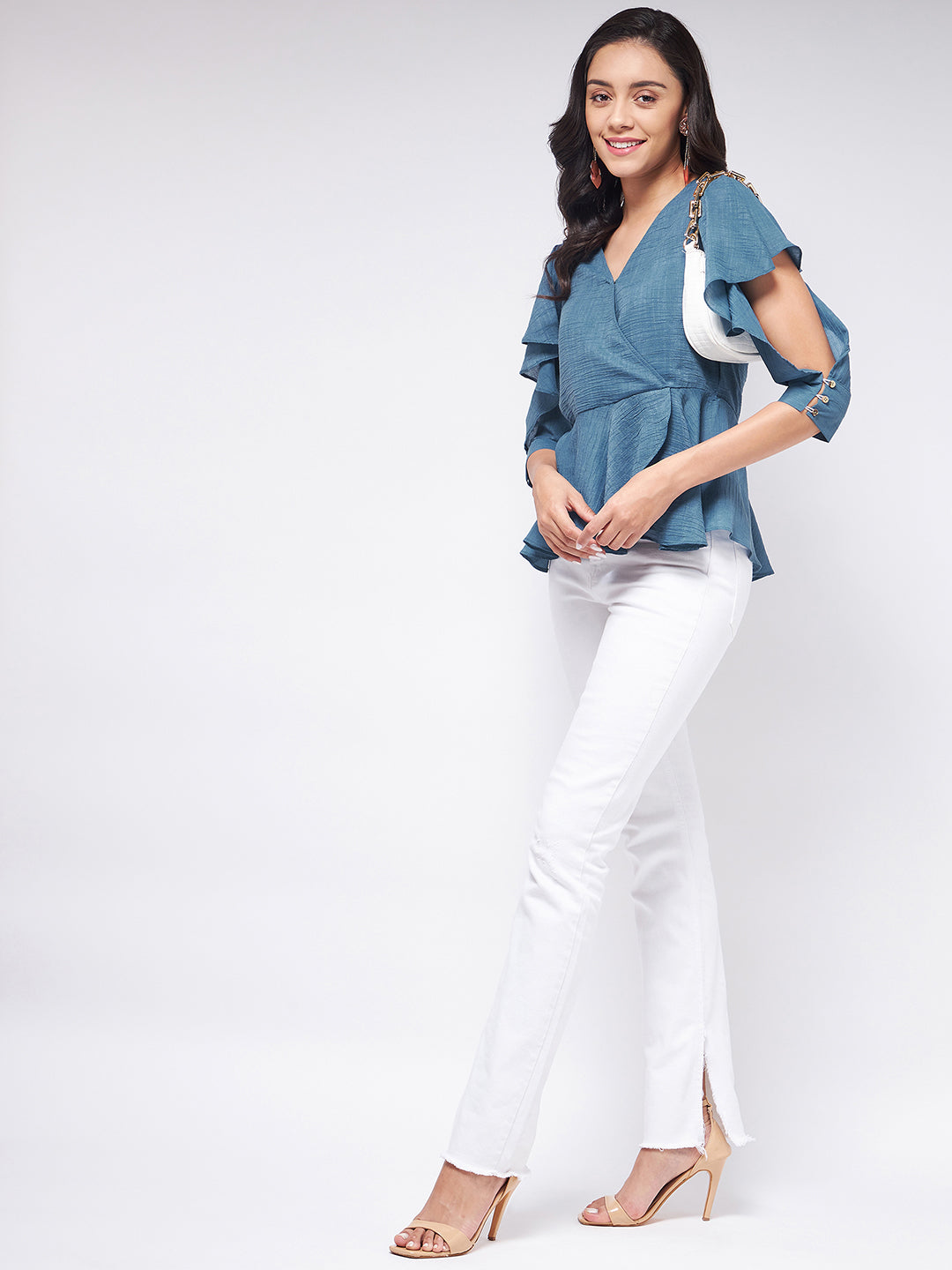 Flaunt Yourself In Solid Overlap Flared Sleeves Top