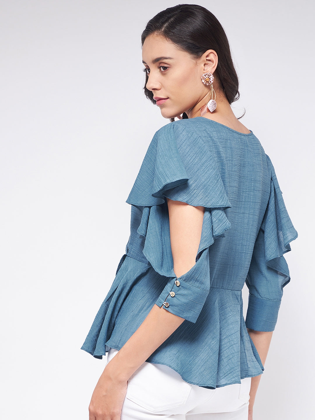 Flaunt Yourself In Solid Overlap Flared Sleeves Top
