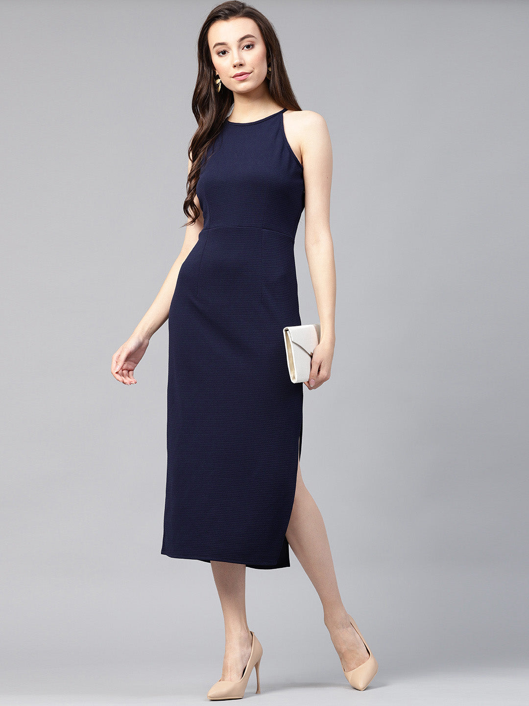 fitted midi dress with slit Solid Incut Fitted Midi Dress – Poshek