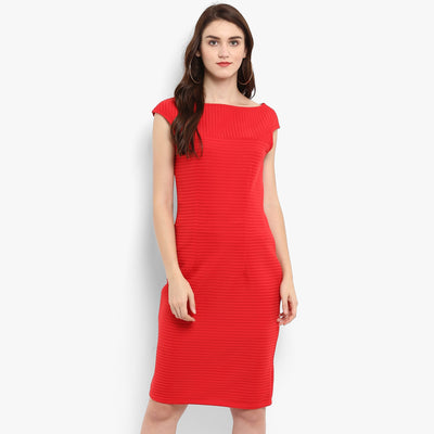 Solid Self Striped Dress With Cap Sleeves