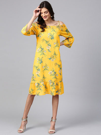Yellow Floral Off-Shoulder Bardot Dress