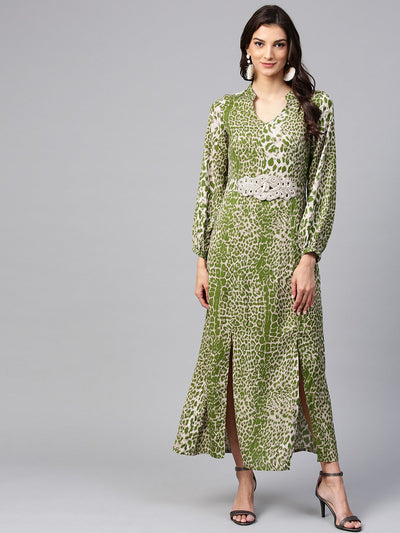 Light Green Animal Print Maxi Dress With Embellished Brotch