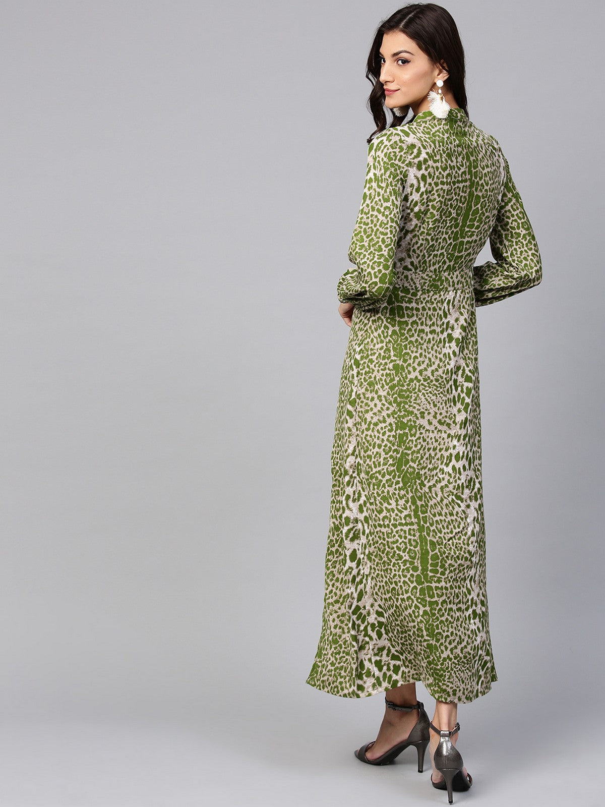 Light Green Animal Print Maxi Dress With Embellished Brotch