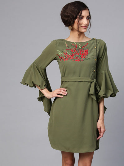 Embroidered Dress With Flare Sleeves