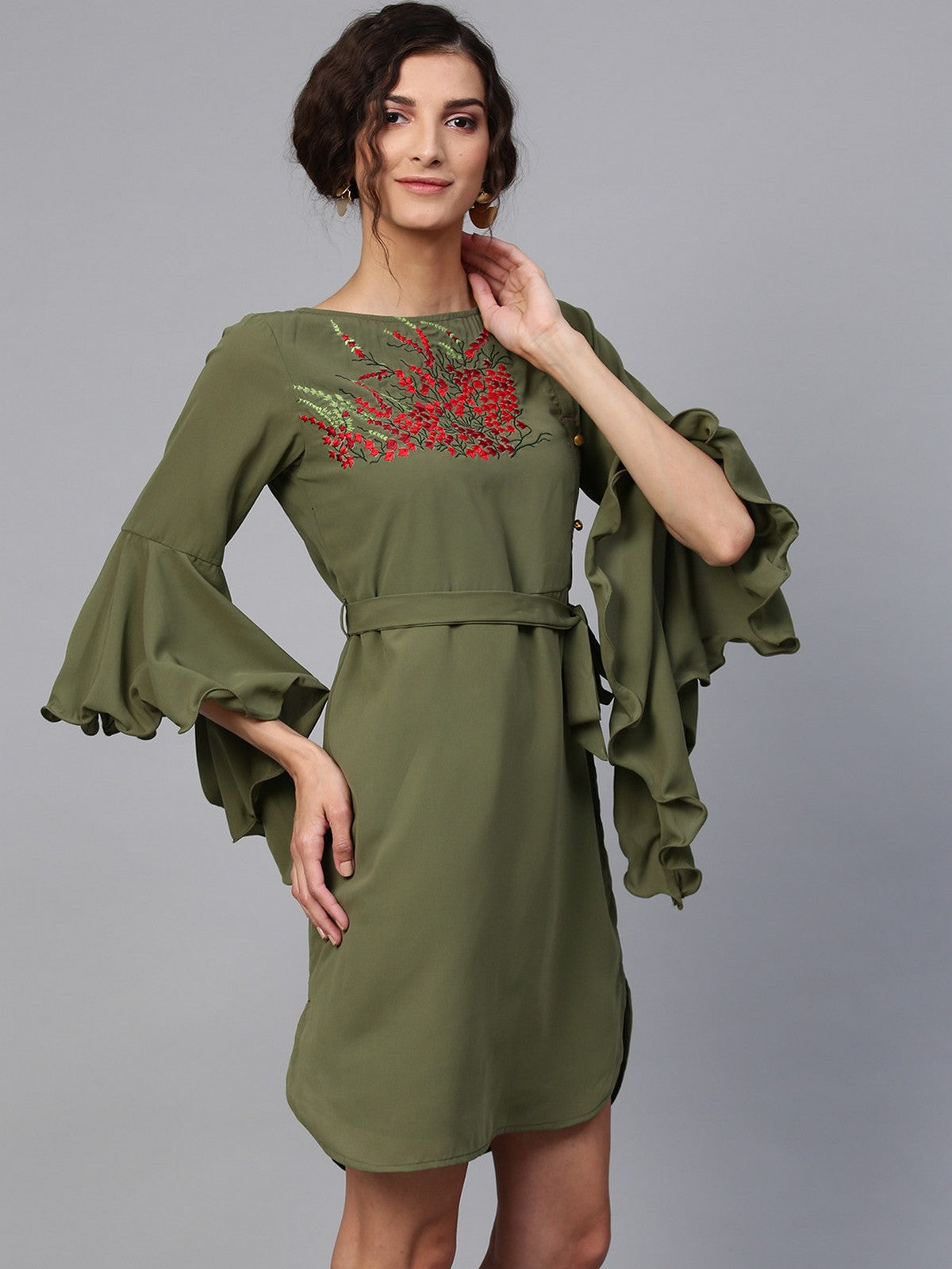 Embroidered Dress With Flare Sleeves