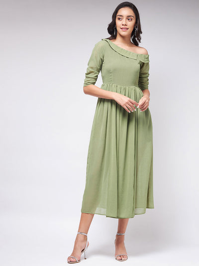 Flaunt Yourself In Stylish Shoulder Dress With Gathered Hemline