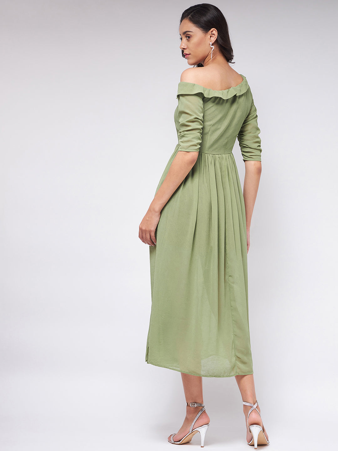 Flaunt Yourself In Stylish Shoulder Dress With Gathered Hemline