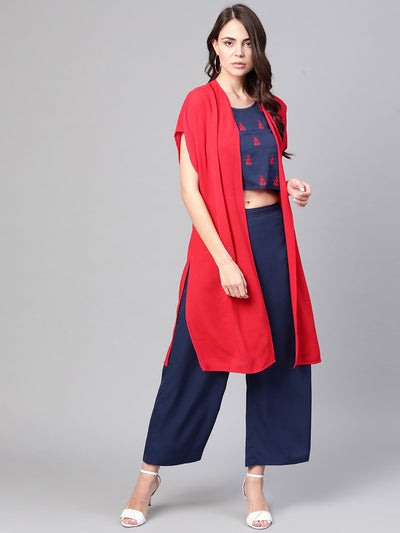 Embroidered Top With Pants And Loose Shrug