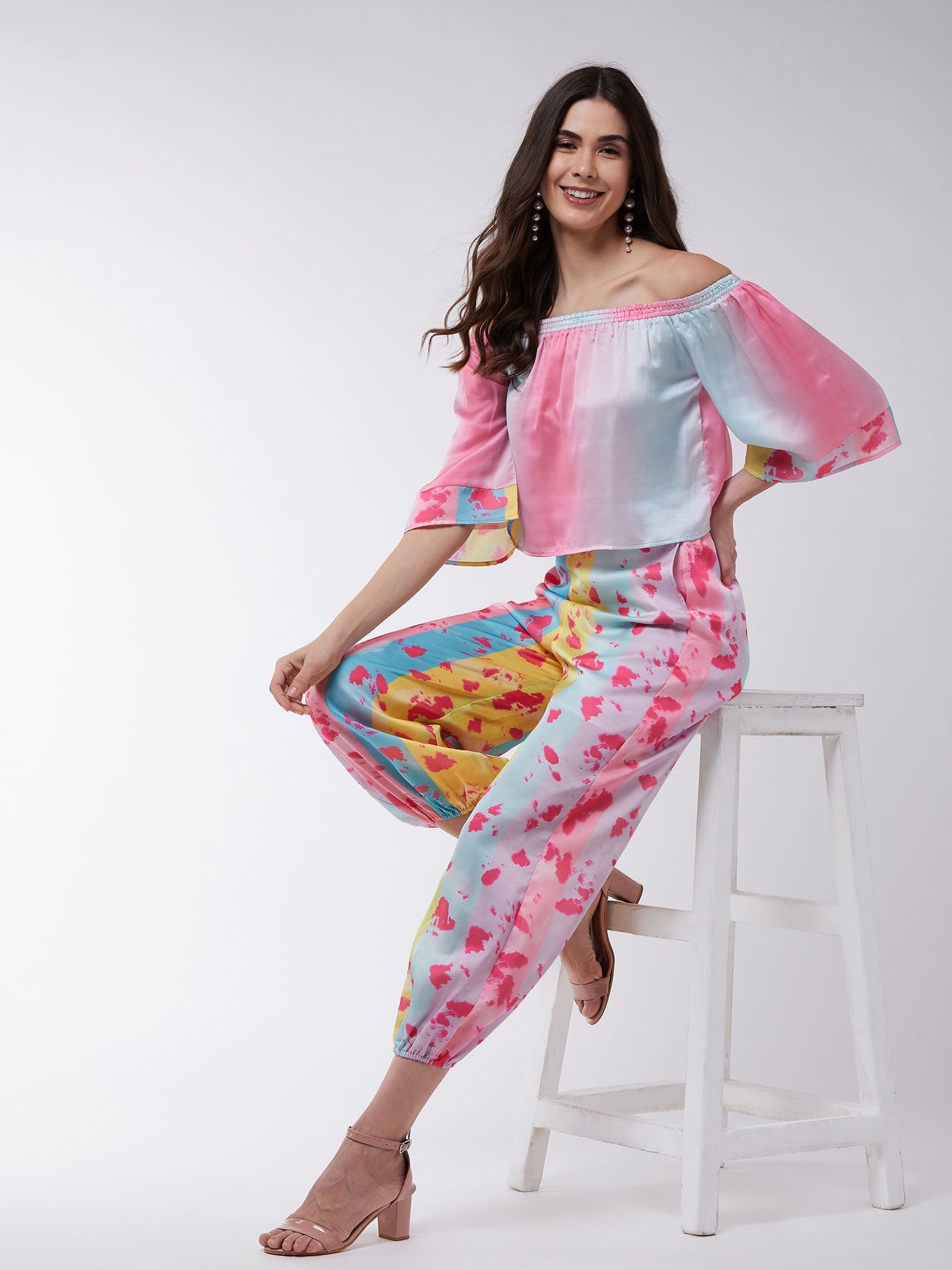 Candy Inspired Digital Printed Off-Shoulder Top With Baggy Pants