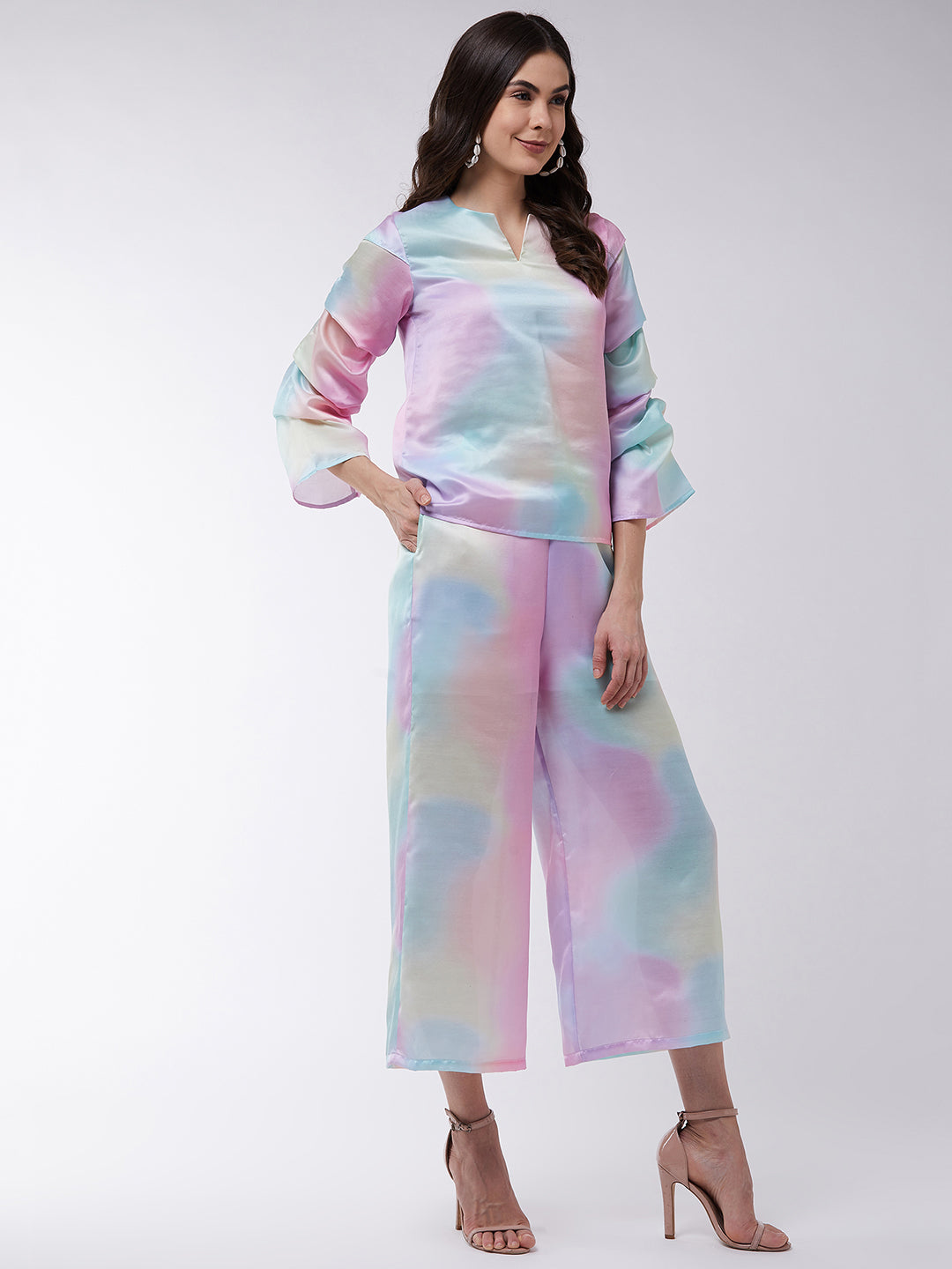 Candy Inspired Digital Printed Top With Pleated Sleeves And Matched Pants