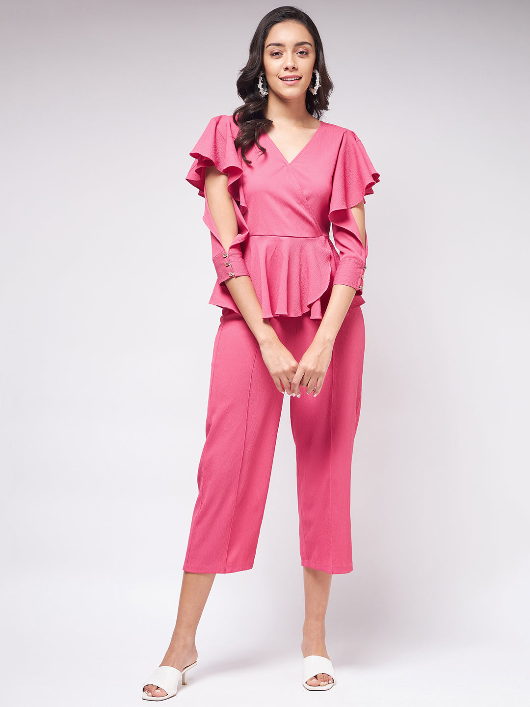 Flaunt Yourself In Solid Overlap Top With Stylish Sleeves And Matching Pants Set